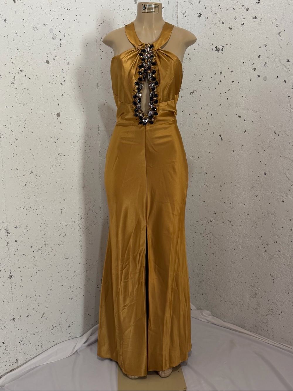 Gold Beaded Halter Evening Gown - Elegant Wedding Dress